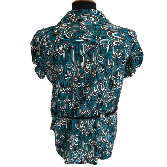 Bay Studio Career Top Teal Black White Abstract Print Short Sleeve Belted Blouse - Picture 3 of 7